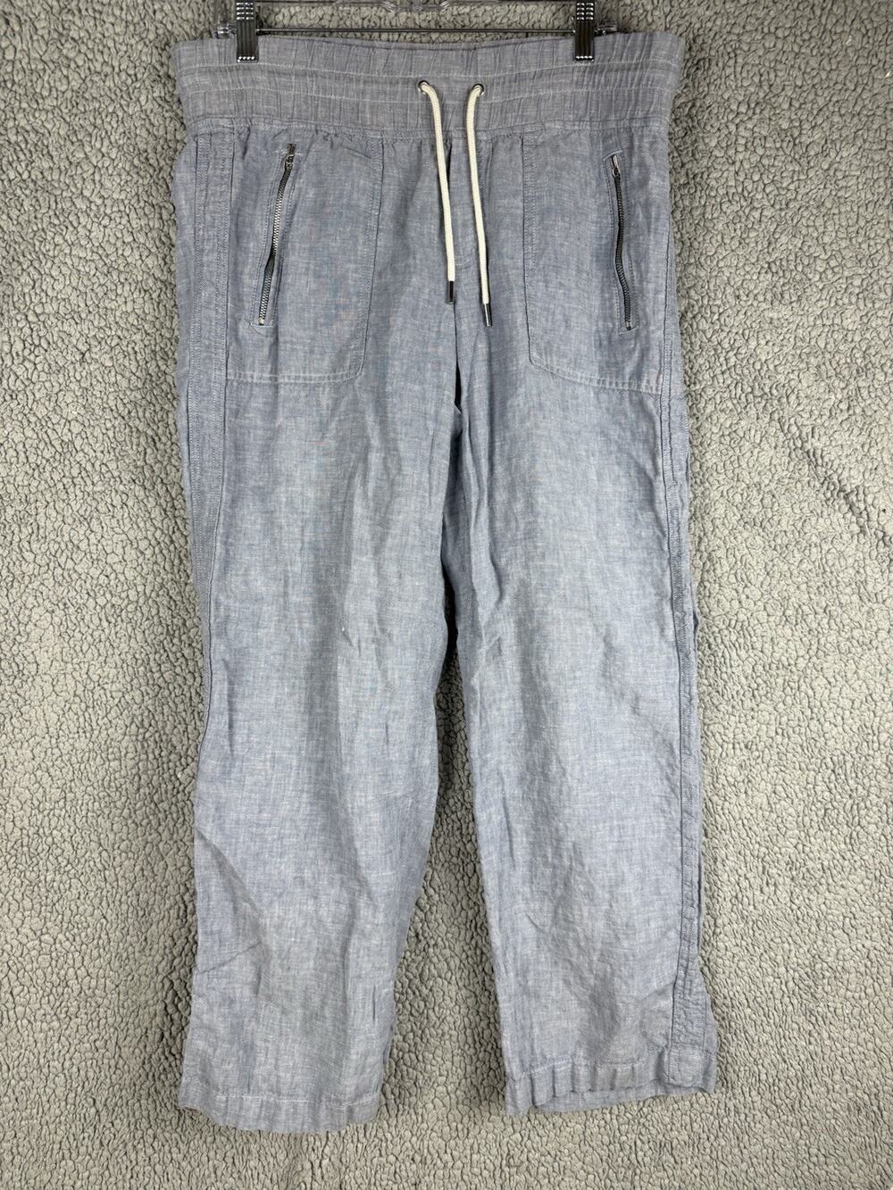 Athleta Cabo Linen Wide Leg Pant Blue Drawstring Zipper Pocket Size 6